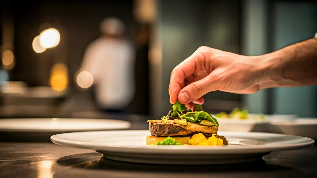 Generic image of a chef's hands plating a dish in a professional kitchen.
