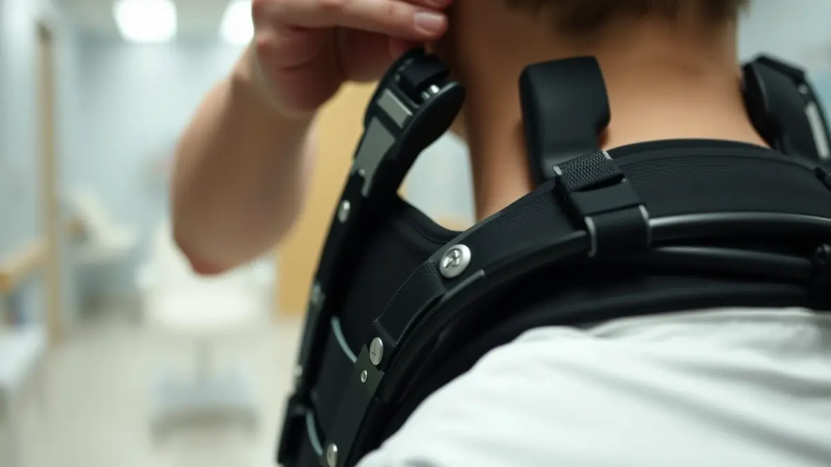 Imagen de un prototipo de exoesqueleto pasivo flexible siendo probado en la espalda de una persona en un entorno hospitalario.