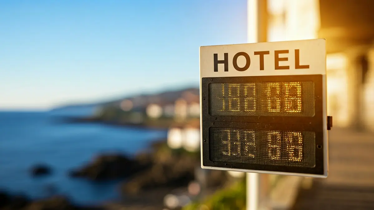 Imagen genérica de un cartel de ocupación hotelera con un porcentaje alto, con el fondo de un pueblo costero gallego.