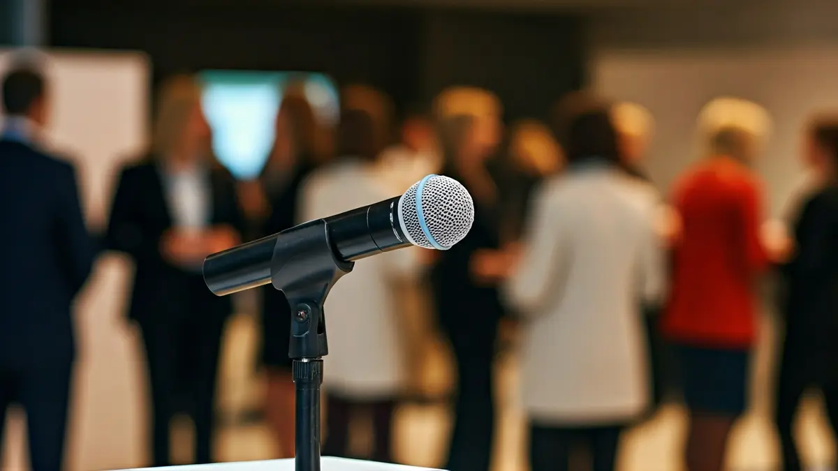 Generic image of a microphone on a podium, symbolizing a business event or conference.