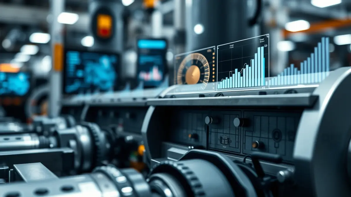 Imagen genérica de maquinaria industrial de fabricación avanzada y sistemas de datos, con interfaces digitales borrosas.
