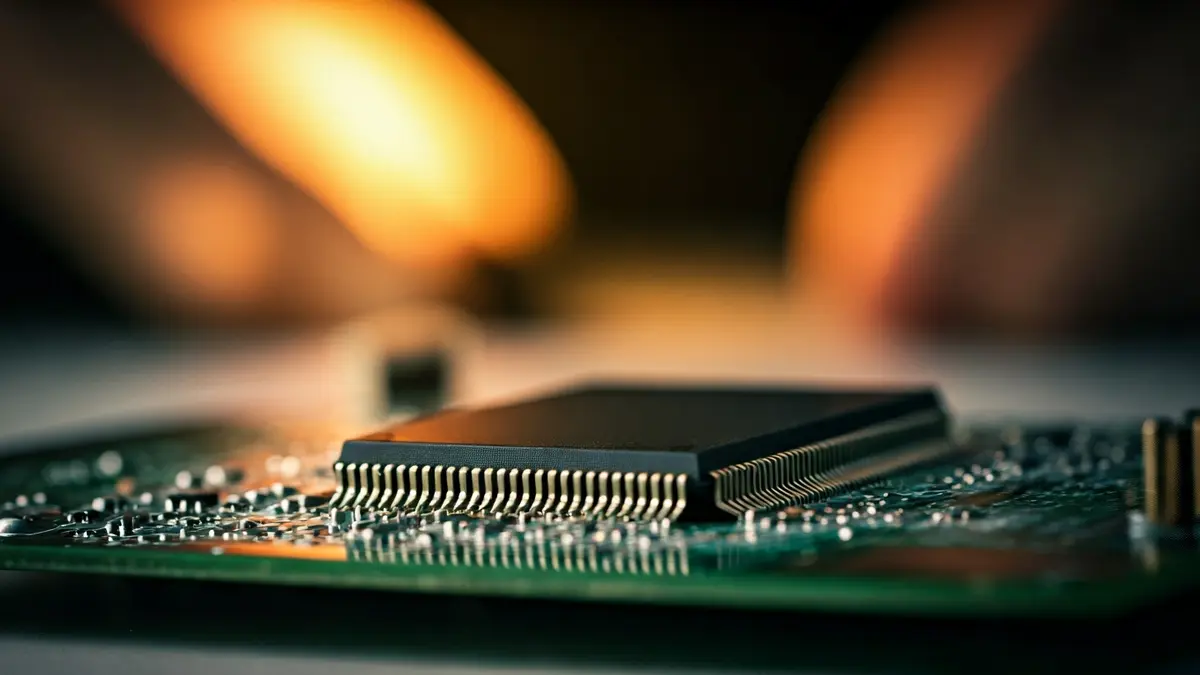 Imagen genérica de un microchip en una placa de circuito, con instrumentos de precisión al fondo.