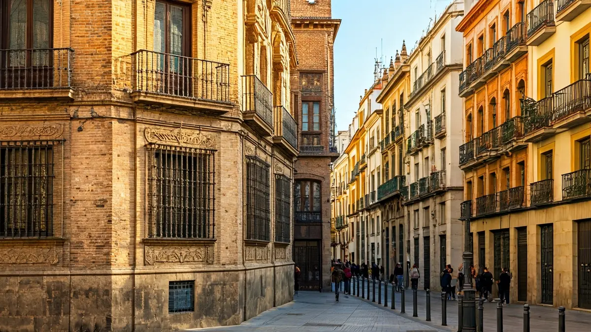 Fachada de un edificio emblemático en Sevilla, con detalles arquitectónicos históricos.