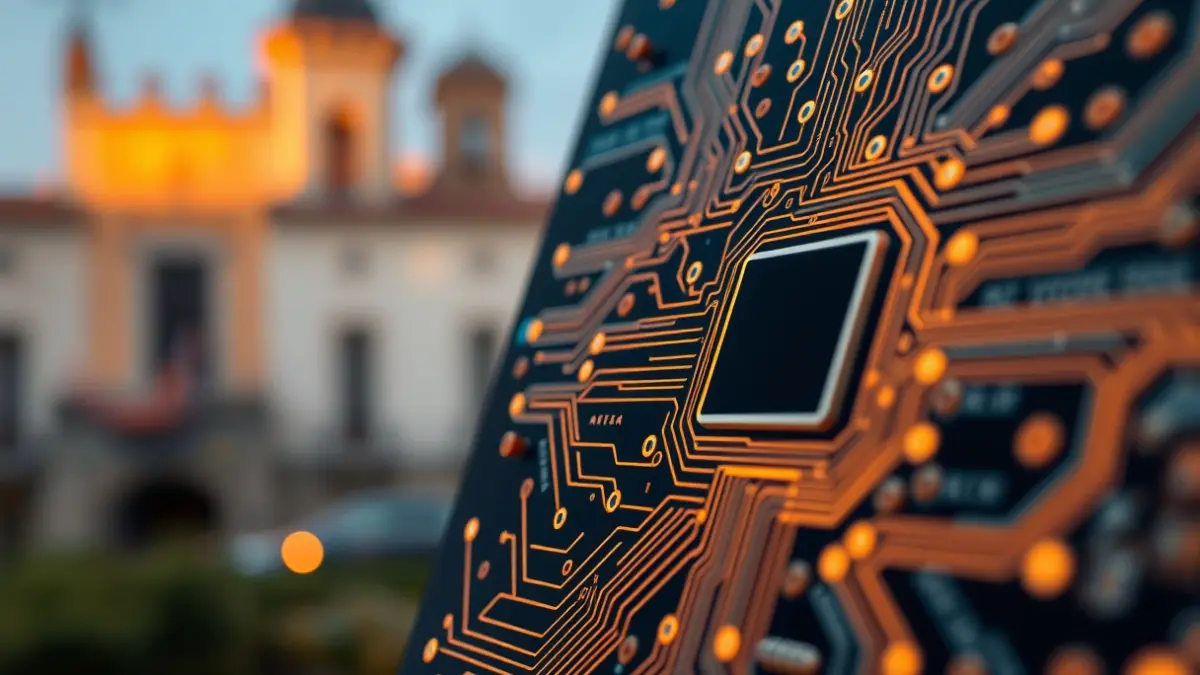 Imagen que representa la dualidad entre la tradición y la innovación tecnológica en la economía de Sevilla.