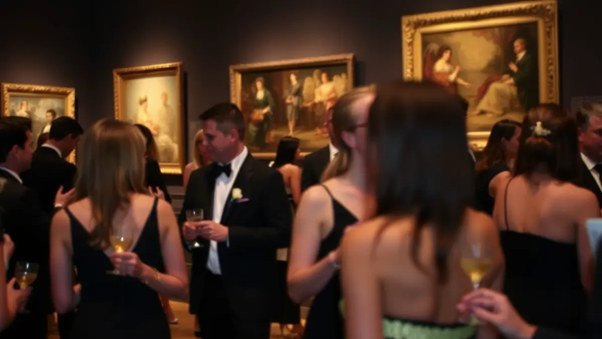 Evento de moda en un museo con asistentes elegantes