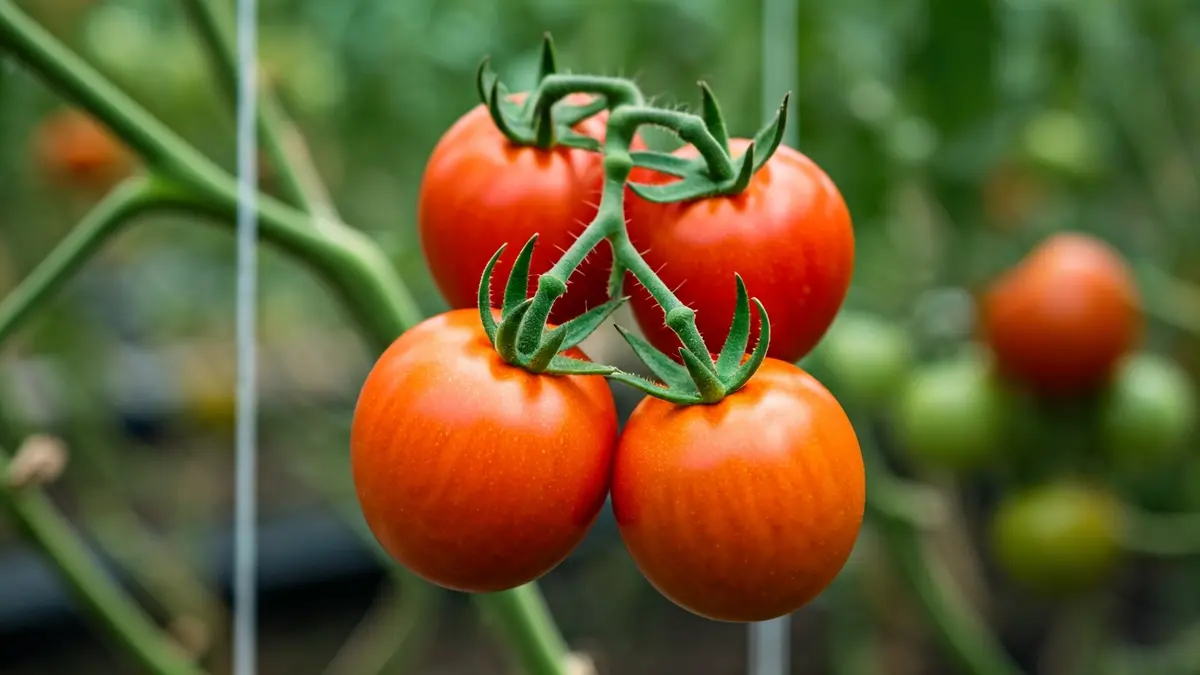 Imagen genérica de tomates frescos en una planta, cultivados en un invernadero.