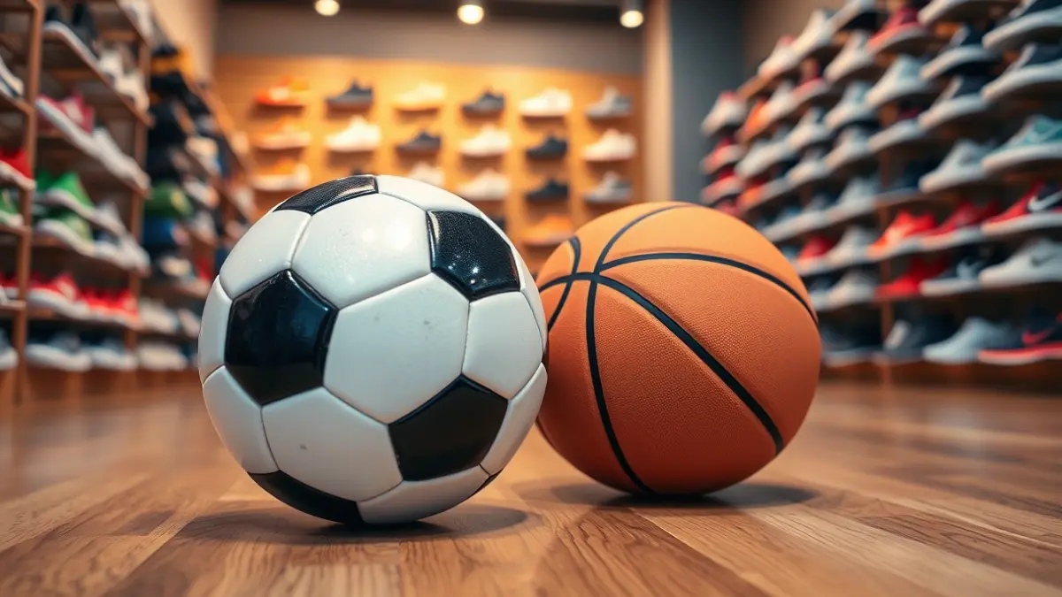 Imagen genérica del interior de una tienda de fútbol y baloncesto con material deportivo.