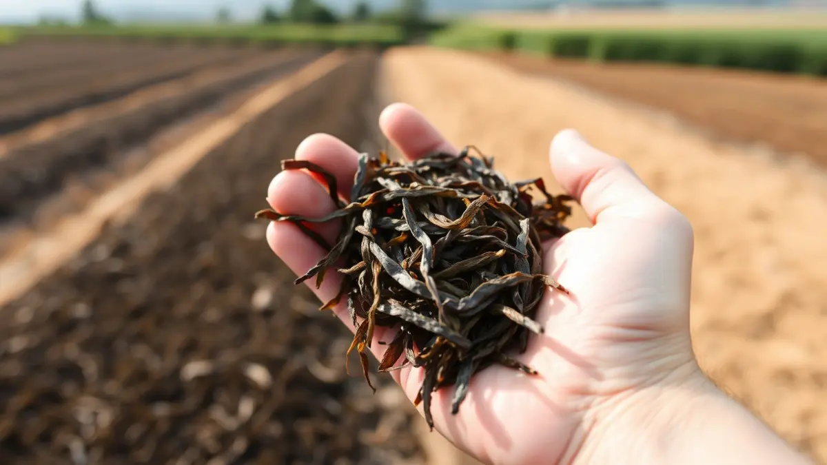 Imagen de una mano sosteniendo algas secas, con campos agrícolas al fondo.