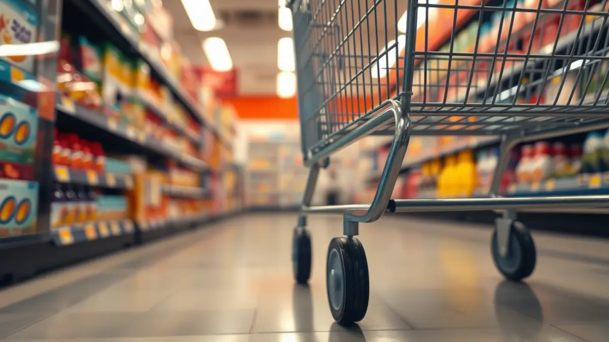 Generic image of a supermarket cart in an aisle, with blurred products in the background.