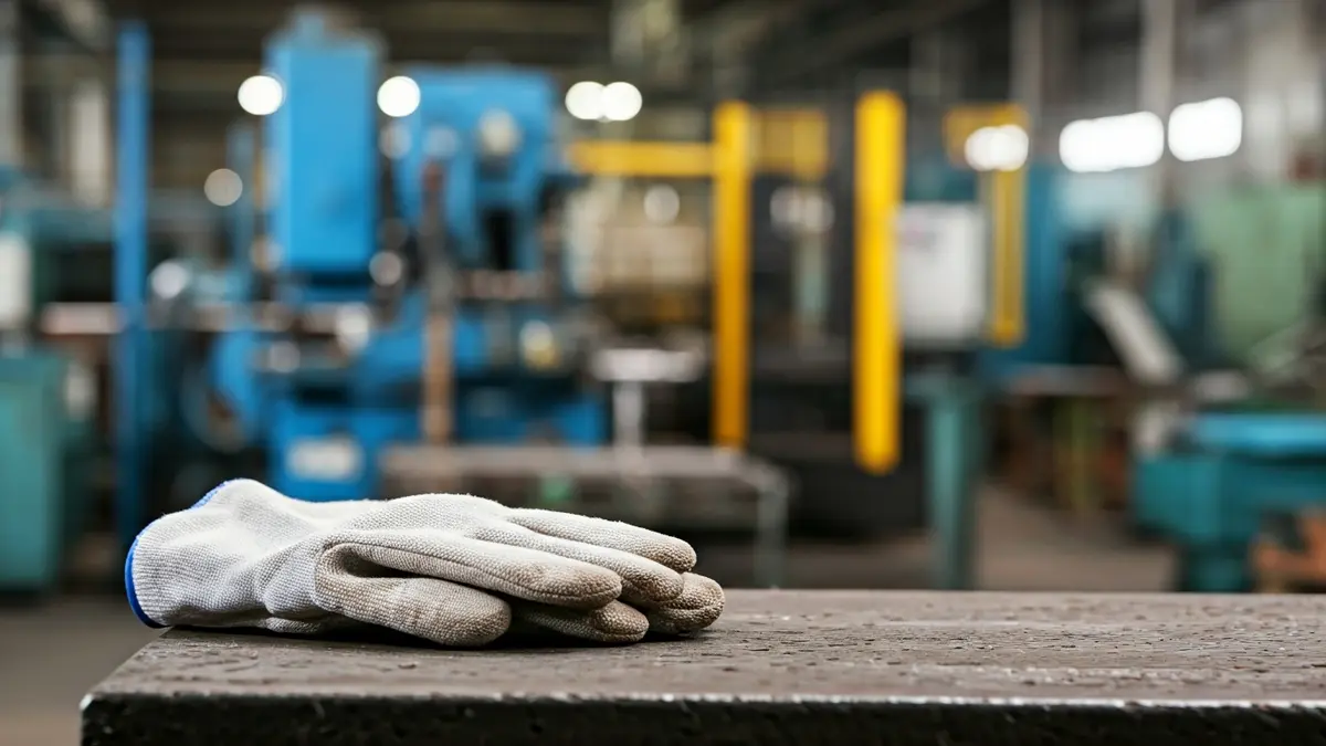 Generic image of a factory interior with blurred machinery and a worker's hard hat.