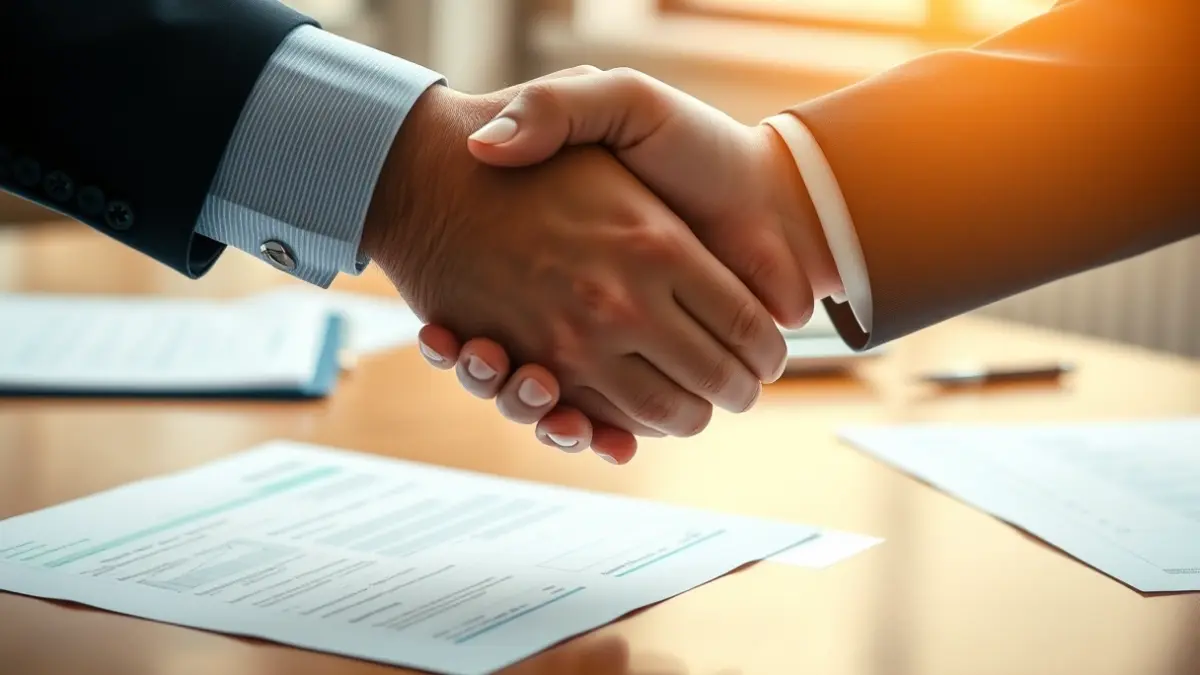 Imagen genérica de dos manos estrechándose sobre un escritorio, simbolizando la gestión empresarial.