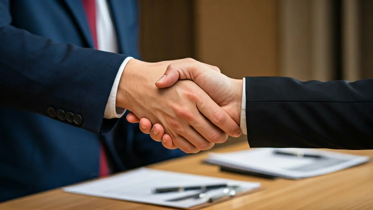 Imagen genérica de un encuentro de networking con dos manos estrechándose sobre un escritorio.