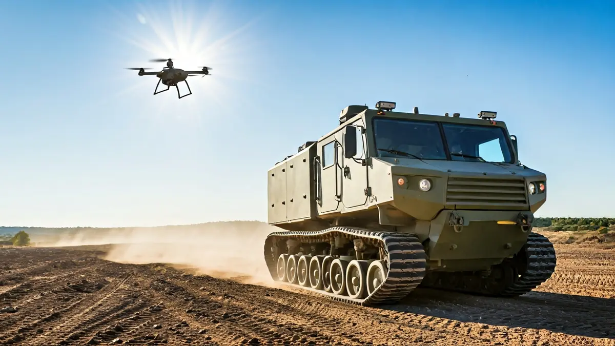 Unmanned Ground Vehicle (UGV) and drone in a military testing ground in Almería.