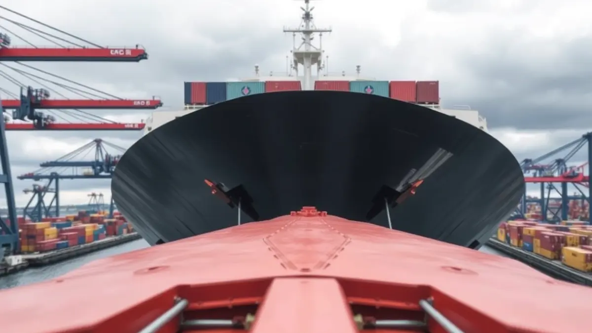 Imagen genérica de un puerto con un gran buque de carga y contenedores.