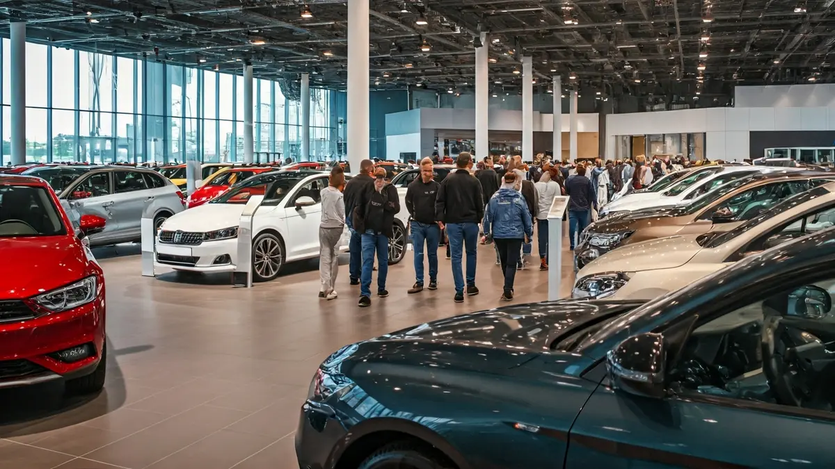 Imaxe dunha feira de automóbiles con moitos vehículos e visitantes.
