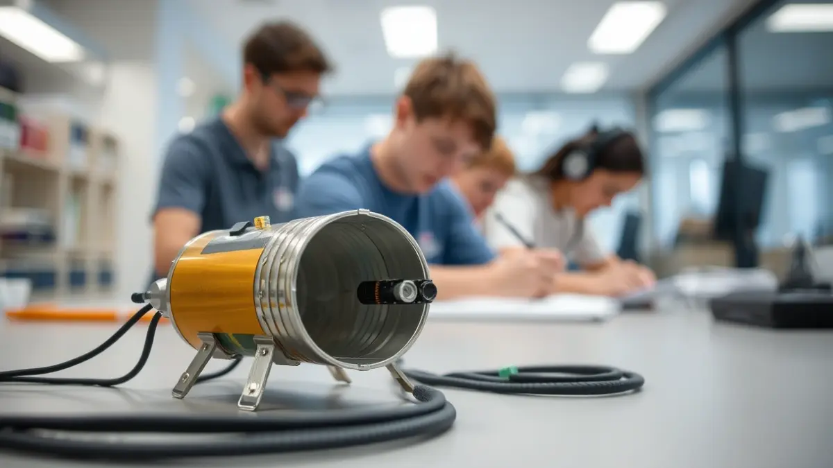 Image of a small CanSat satellite with sensors in a laboratory.