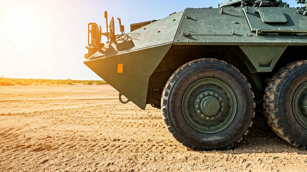 Armored 8x8 'Dragon' vehicle undergoing tests in arid terrain.