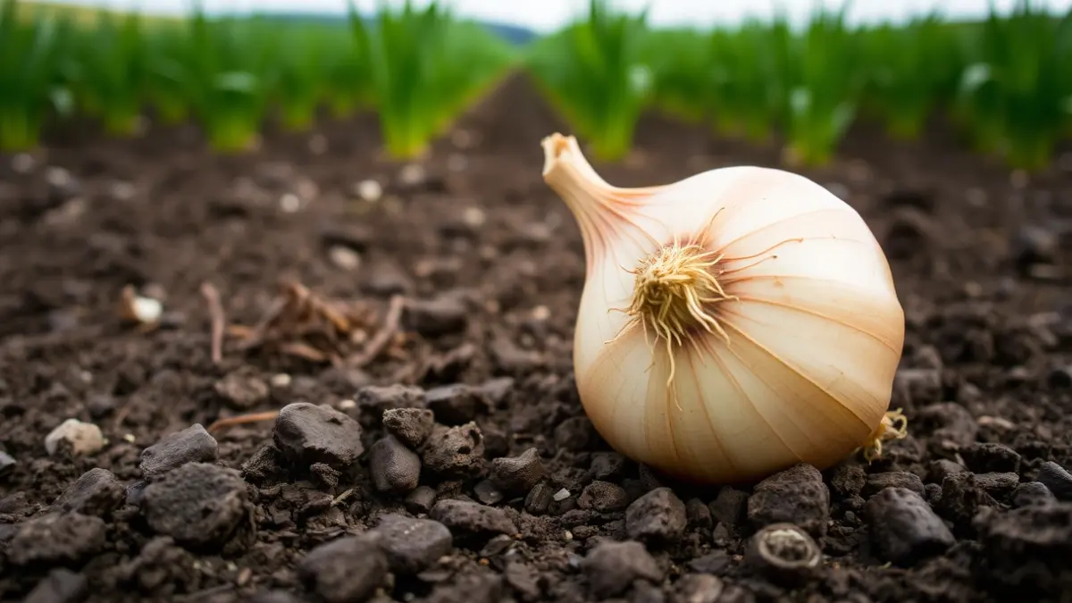 A fresh onion on rich soil, in a field with green crops in the background.