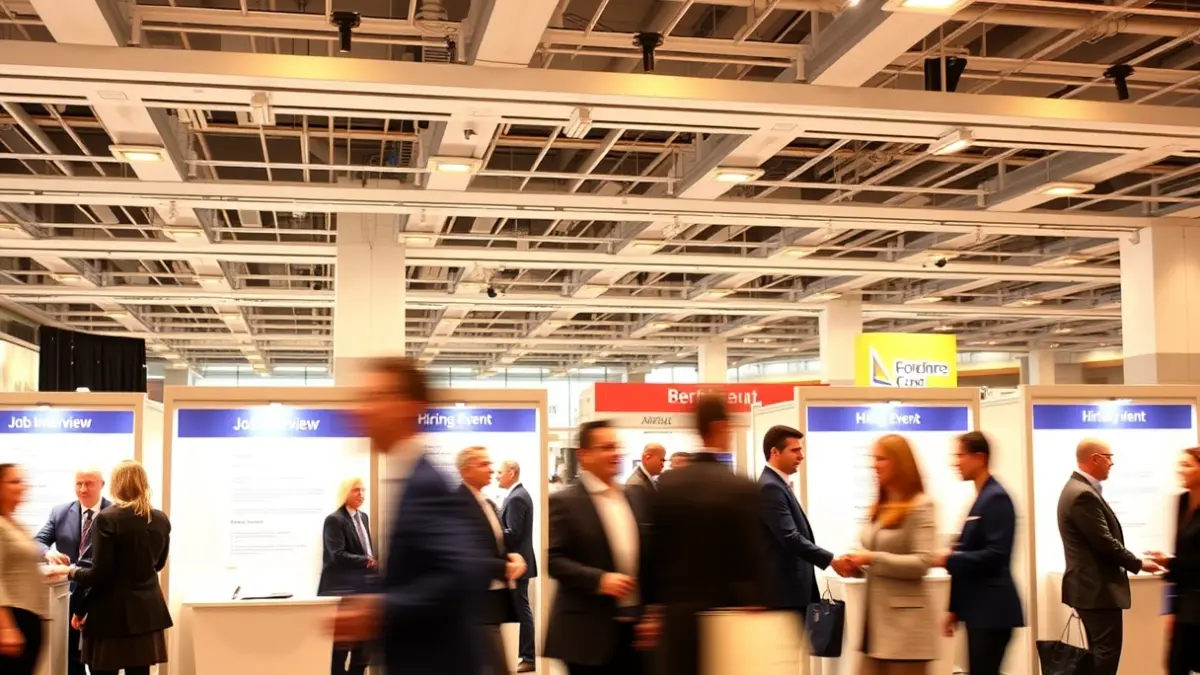 Generic image of a job fair with people interacting at recruitment booths.