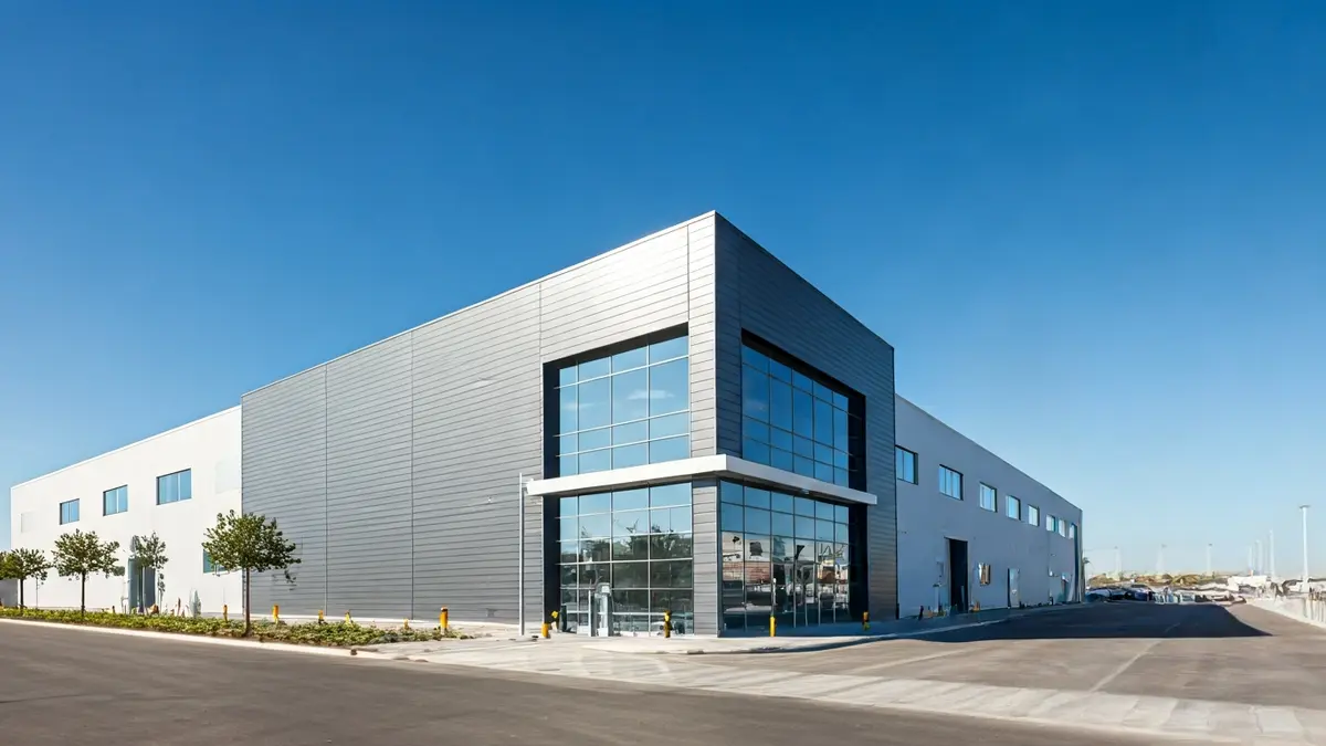 Facade of a modern industrial warehouse in an Andalusian industrial park.