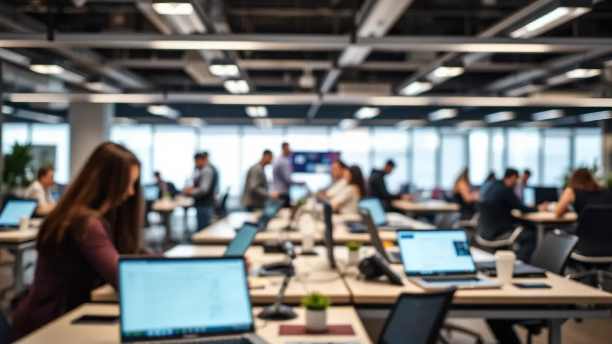 Generic image of a modern and bright co-working space, with people collaborating.