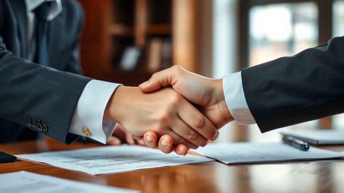 Generic image of two hands shaking over a blurred desk with paperwork, symbolizing negotiation.