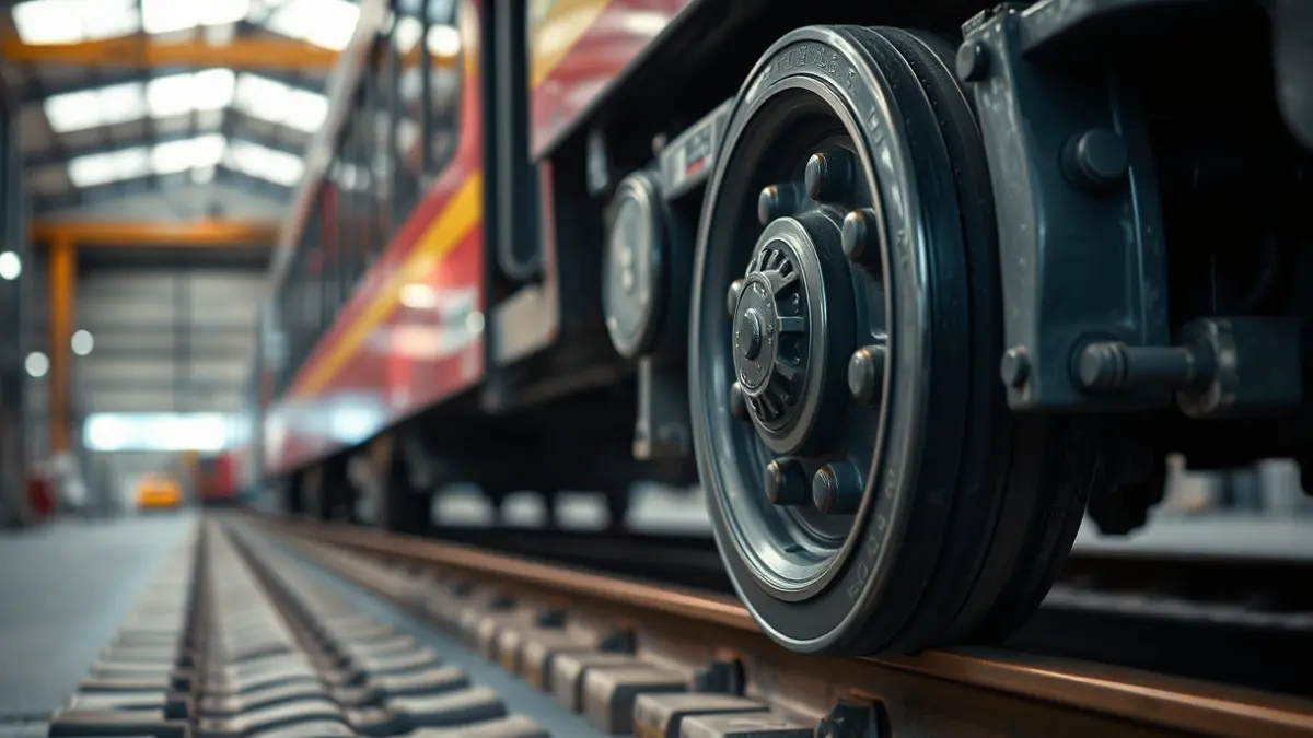 Generic image of a tram wheel in a maintenance depot.