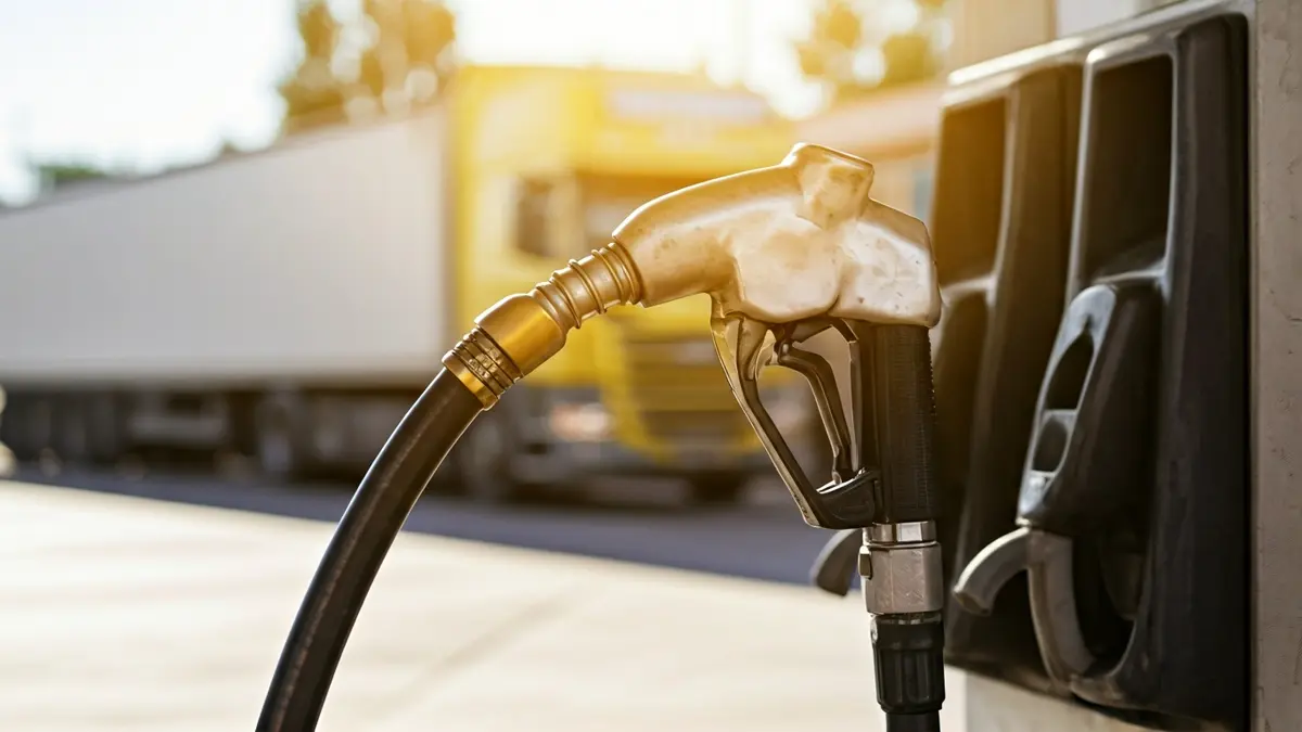 Imagen genérica de una manguera de combustible en una gasolinera, con camiones borrosos al fondo.