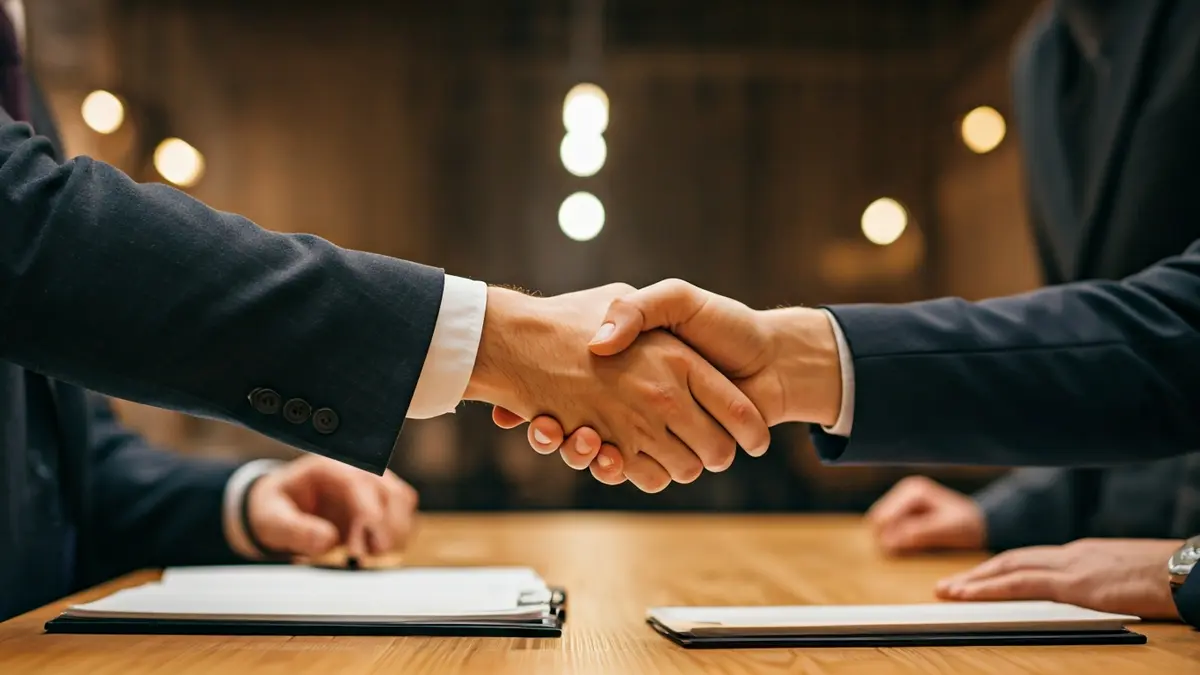 Generic image of two hands shaking over a desk, symbolizing an agreement or negotiation.