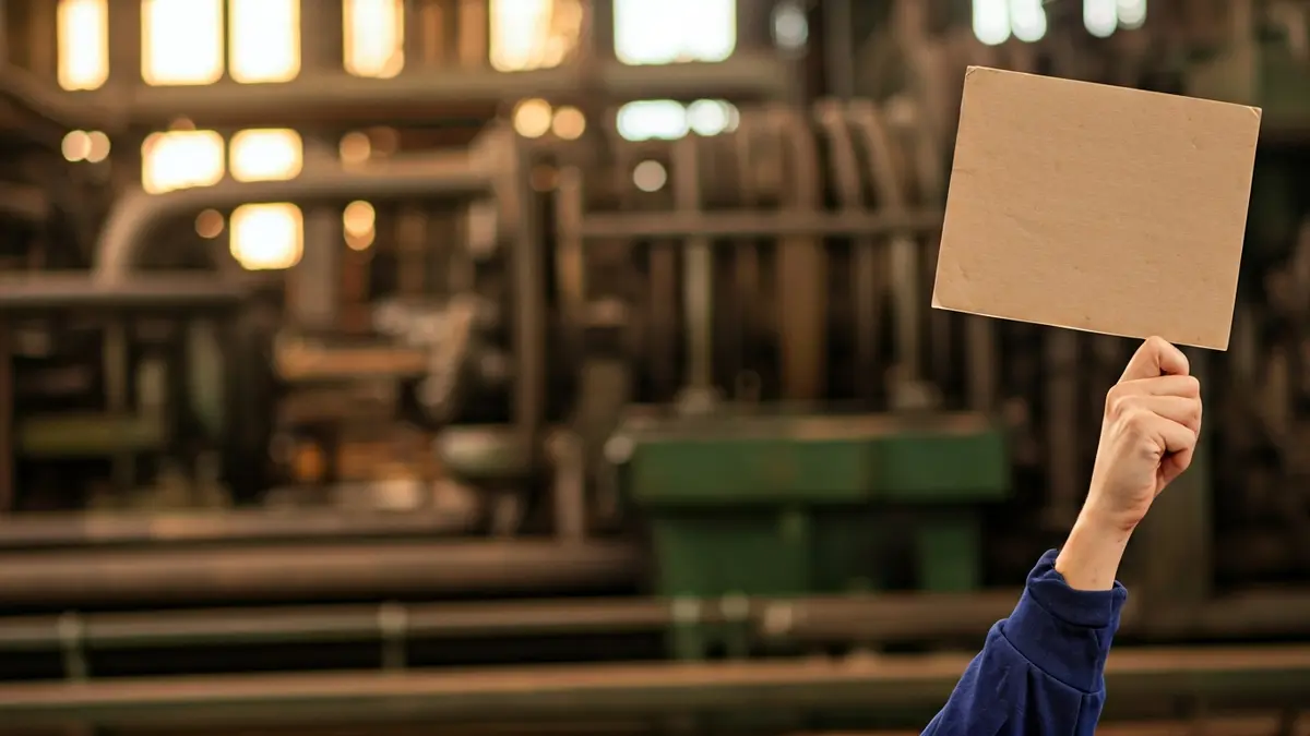 Imagen genérica de las manos de un trabajador sosteniendo un cartel de protesta con maquinaria industrial borrosa al fondo.
