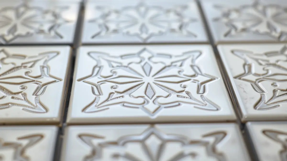 Imagen genérica de un azulejo cerámico con un patrón intrincado, reflejando luces suaves, simbolizando innovación y calidad en el sector cerámico.