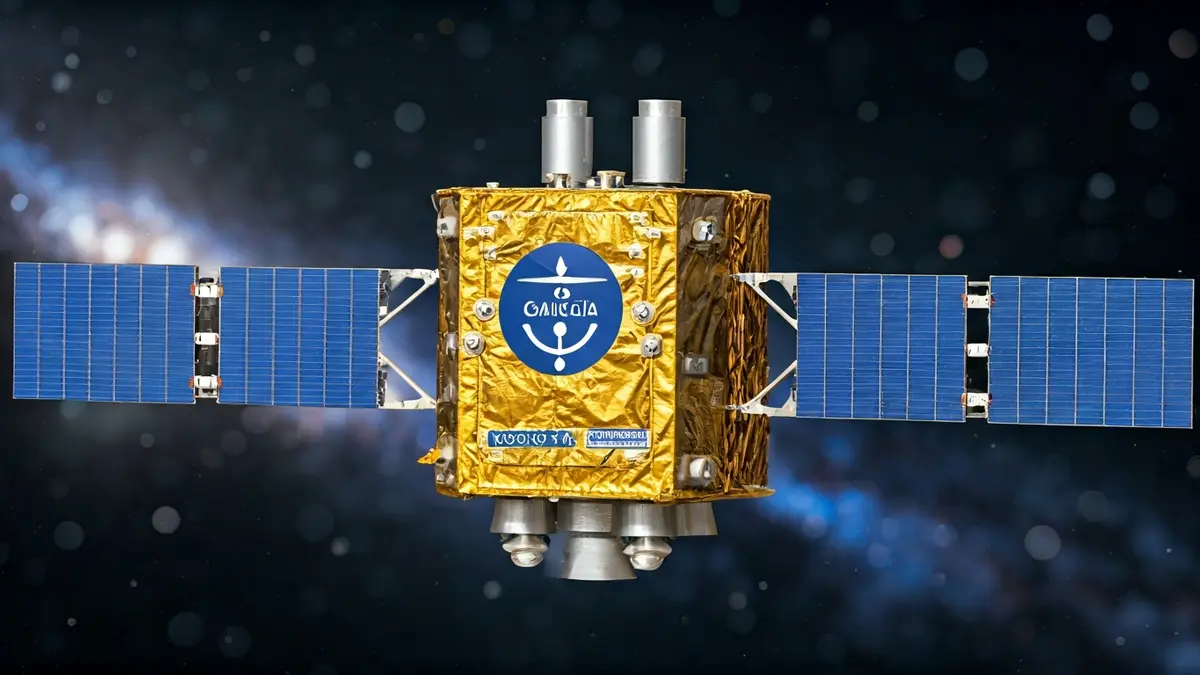 Maqueta de un satélite con el logo de 'Galicia Calidade' en el espacio.