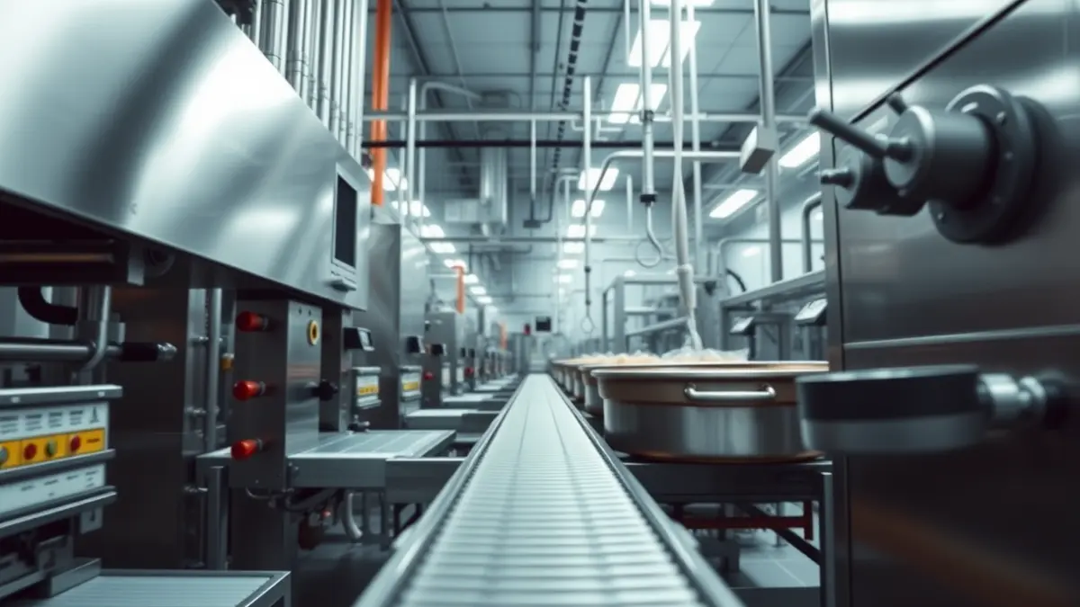 Generic image of a modern food processing plant with stainless steel machinery.