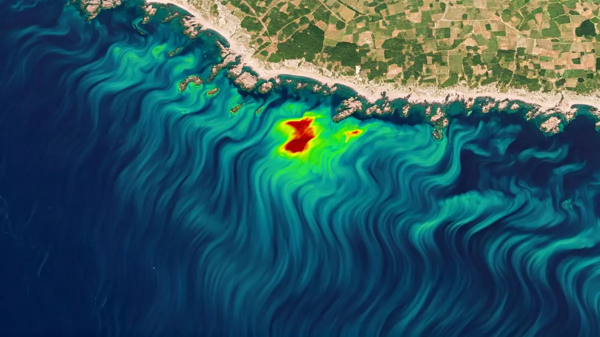 Imagen genérica de una vista satelital de una zona costera con indicadores de calidad del agua.