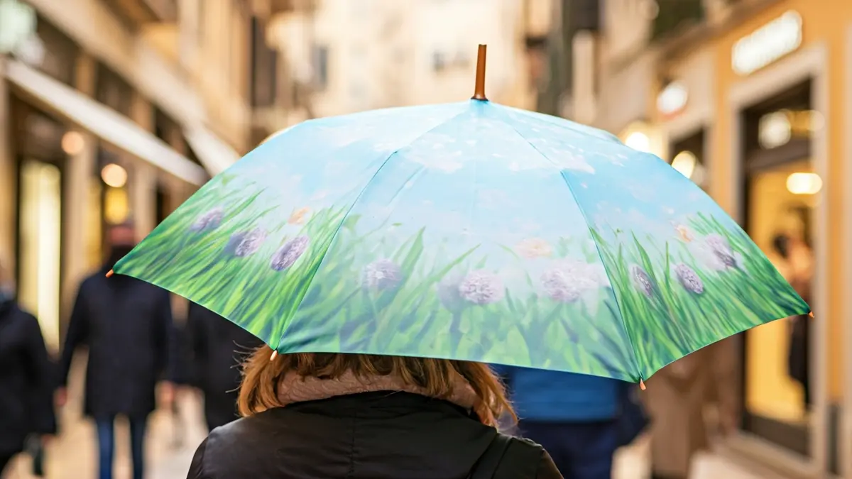 Image of a promotional umbrella on a commercial street in Vila-real.