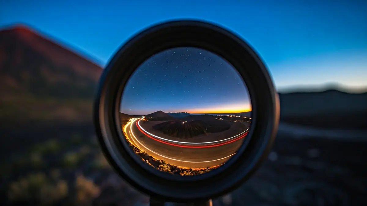 Imagen genérica de un telescopio apuntando al cielo estrellado, con un paisaje volcánico borroso de fondo.