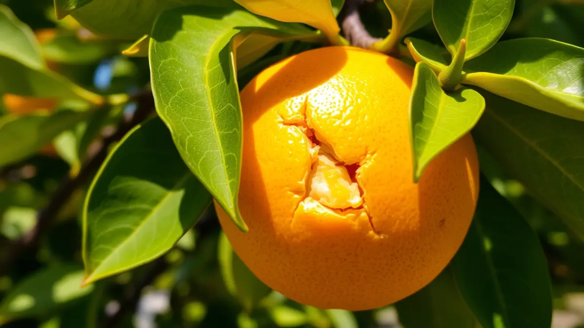 Imagen de un cítrico con una grieta en la piel, en una rama de árbol.