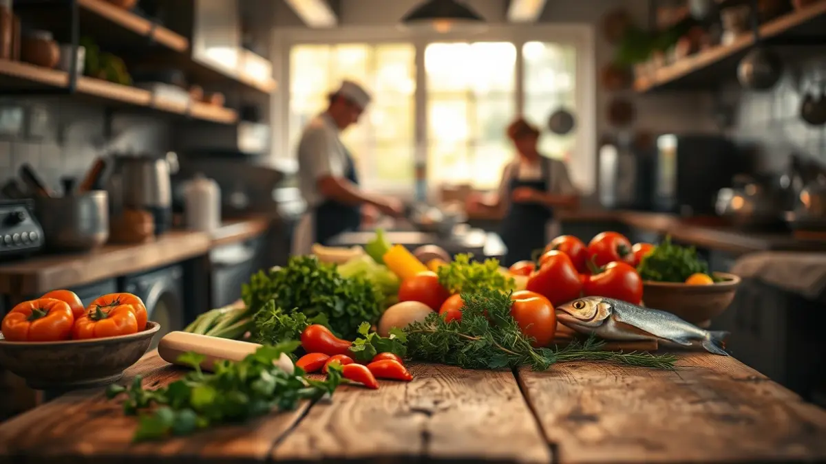 Imagen genérica de una cocina con ingredientes frescos, representando la gastronomía gallega.