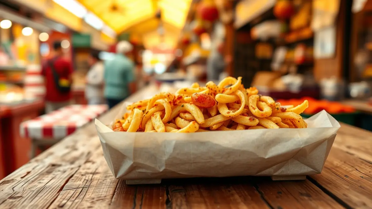 Image of a Valencian 'coca' on a market counter, with a blurred background of stalls and warm light.