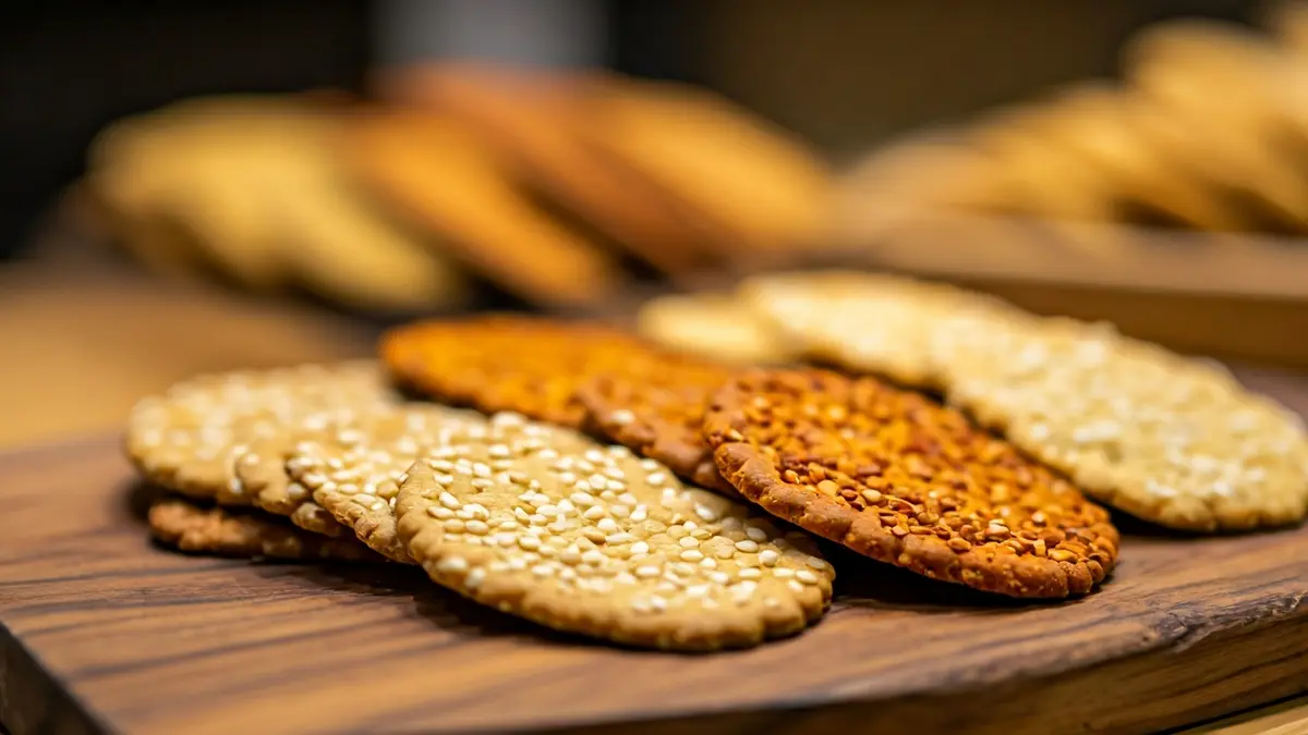 Variety of artisanal 'regañás' crackers on a wooden board, with a blurred background of a gourmet food fair.