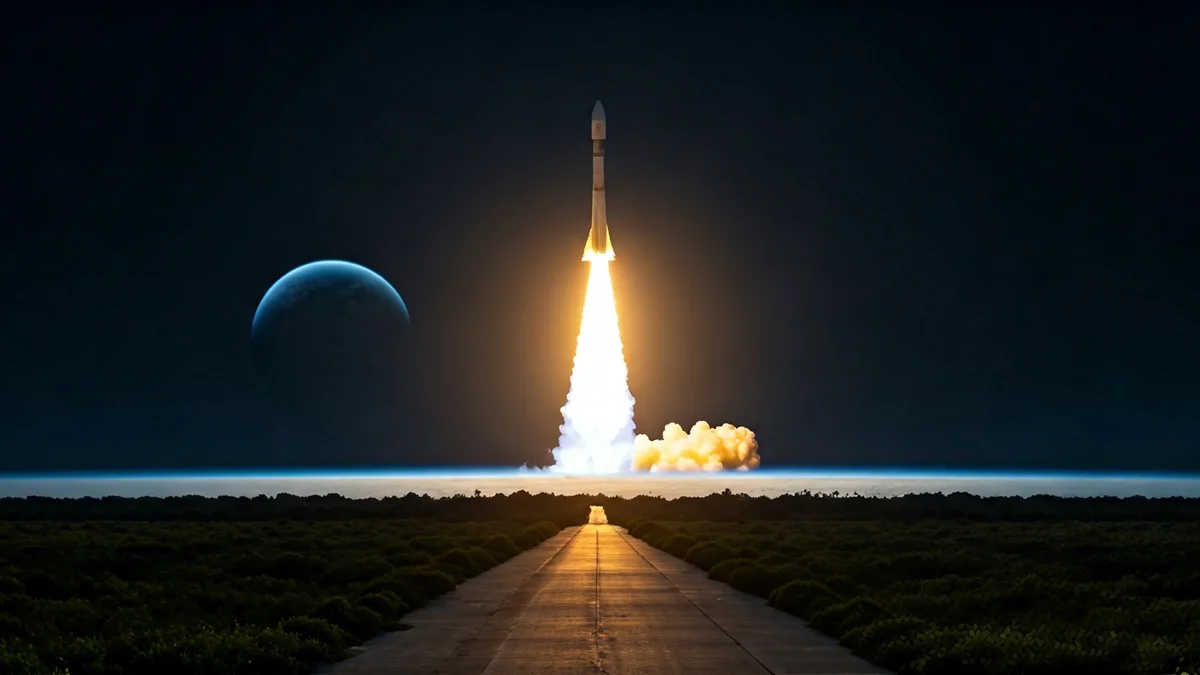 Imagen genérica de un cohete espacial en pleno lanzamiento, con la llama y el humo visibles contra el cielo oscuro.