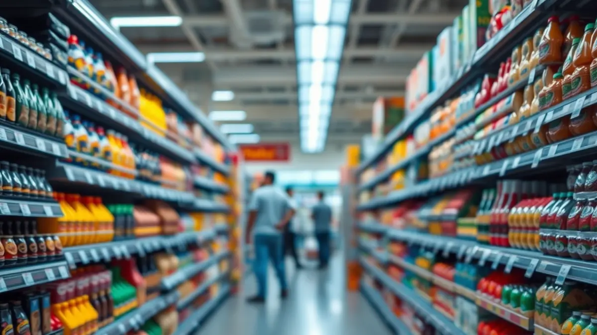 Imagen genérica de un supermercado moderno con estantes llenos de productos.