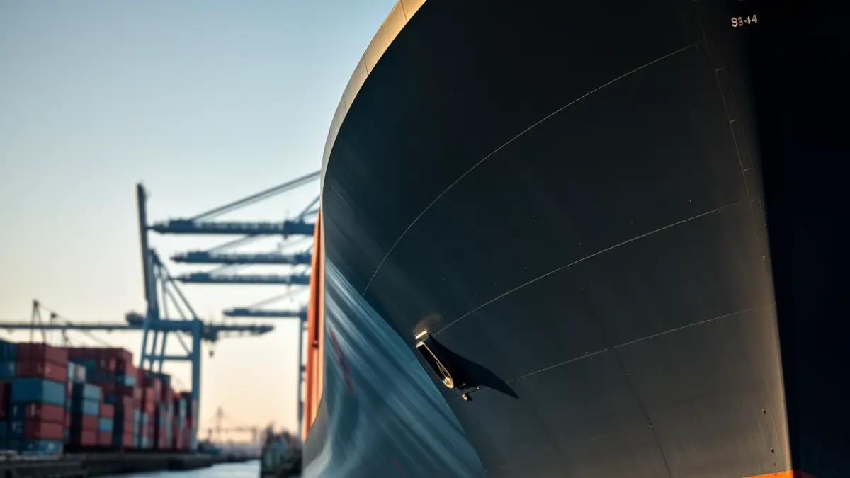 Image of a cargo ship in a modern port with containers and cranes.