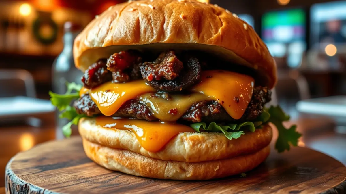 Image of a gourmet burger with brioche bun, wagyu beef, and smoked cheese.