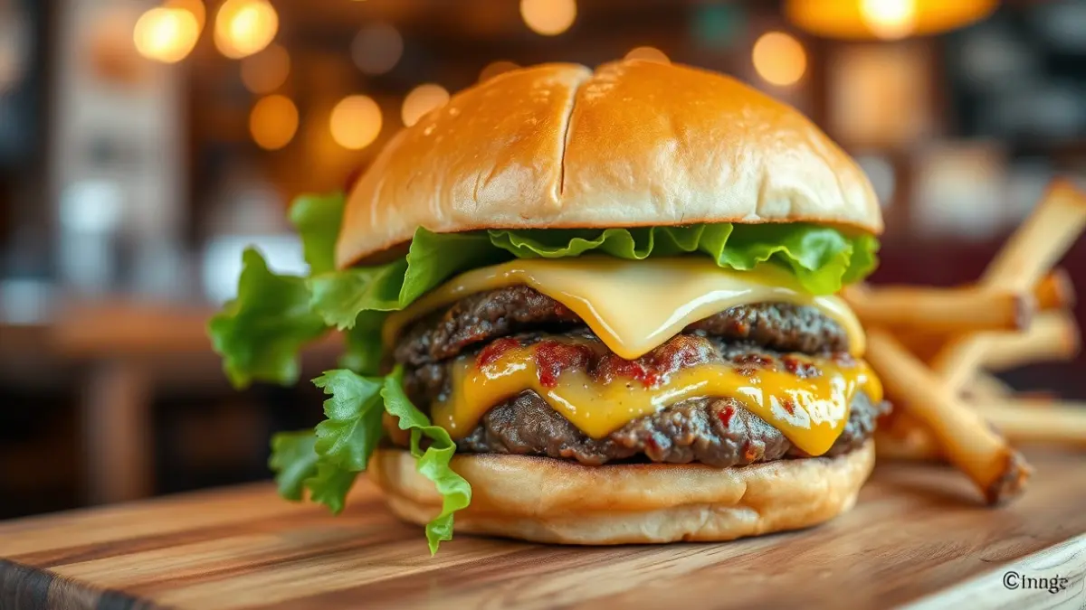 Generic image of a gourmet burger with meat, cheese, and brioche bun, served on a wooden board.