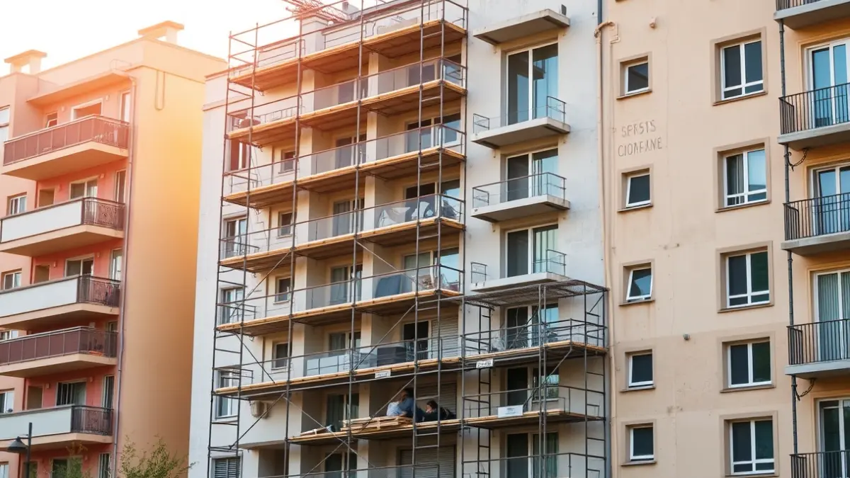 Imagen de un edificio residencial en construcción en una ciudad mediterránea, con andamios y secciones terminadas, bajo la luz del sol de la tarde.