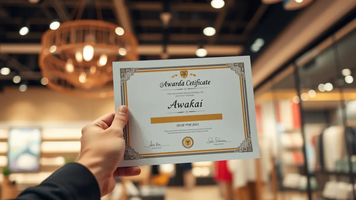 Generic image of a hand holding a recognition certificate in a commercial setting.