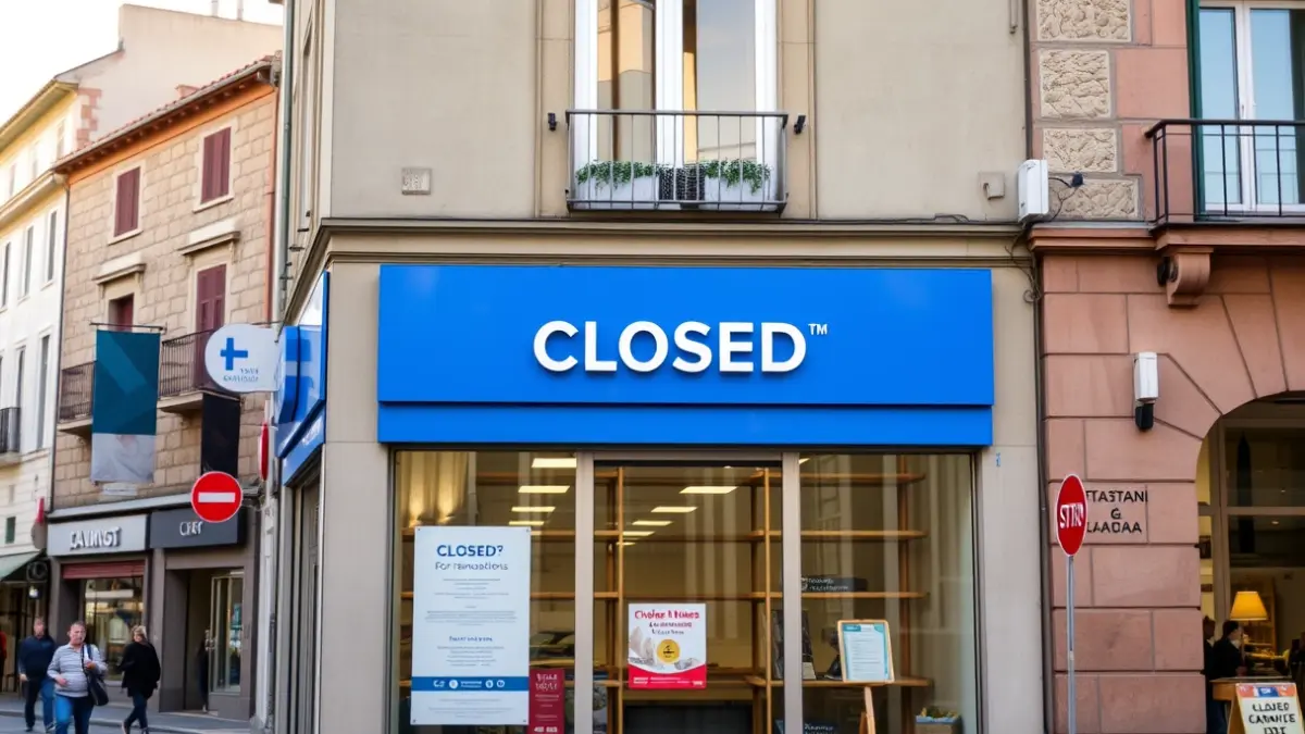 Imagen de una sucursal bancaria cerrada por obras en una calle céntrica de A Coruña.
