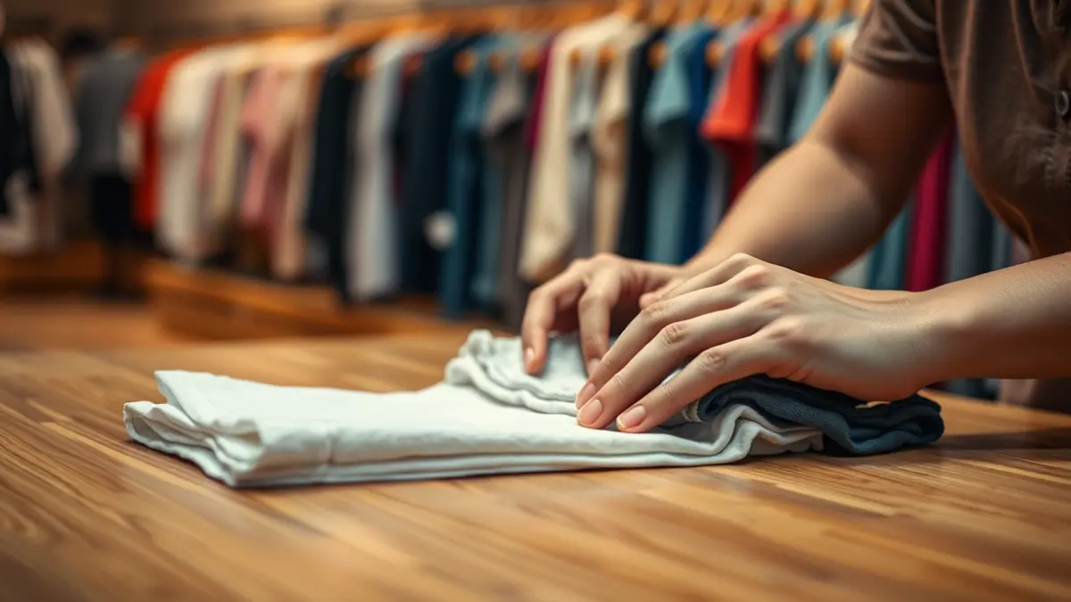 Imaxe xenérica de mans dobrando roupa nunha tenda.