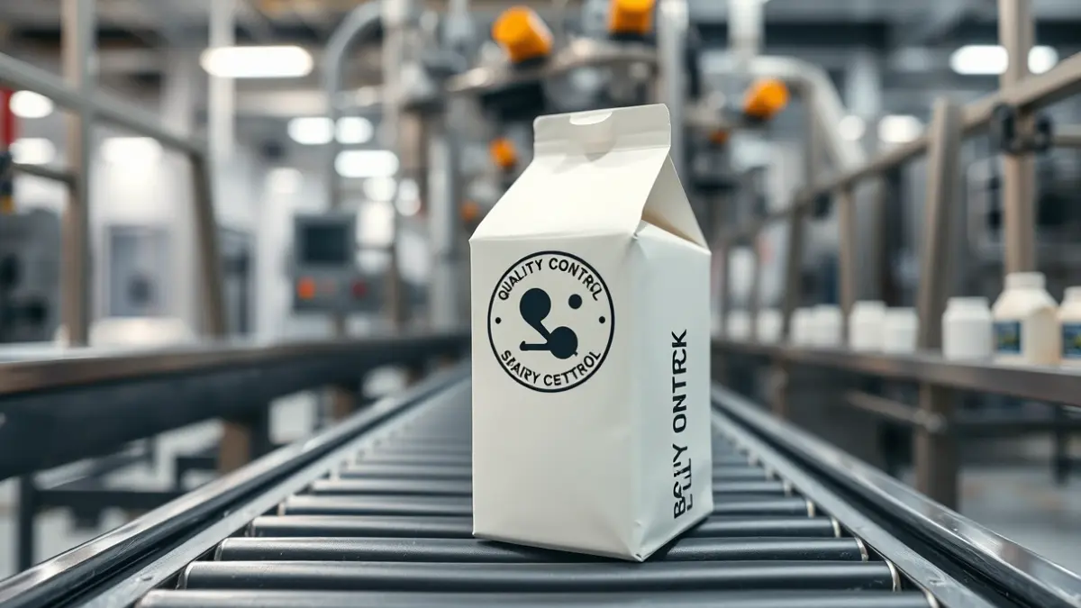 Imagen genérica de un sello de calidad en un envase de leche en una fábrica.